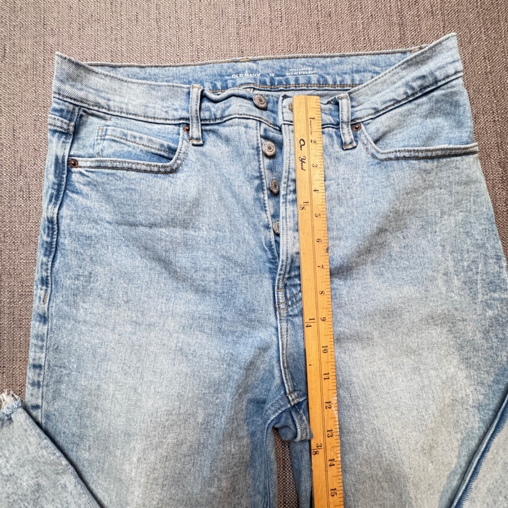 Old Navy Sky-Hi Straight Extra High Rise Button Fly Raw Hem Jeans Light Wash 10 - Picture 5 of 7
